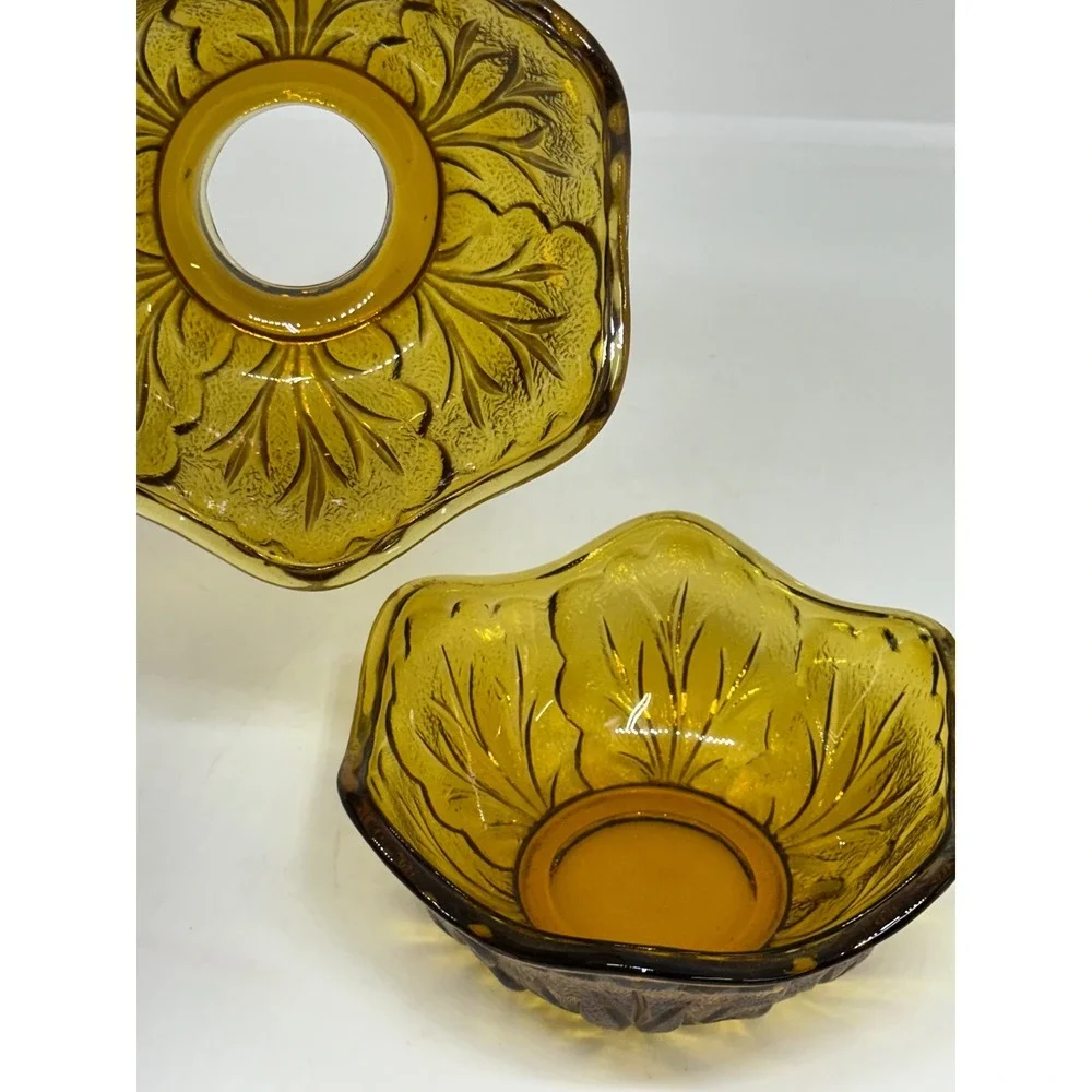 VTG Indiana Glass Fairy Lamp Amber Leaf Pattern Two Piece Votive Candle Holder